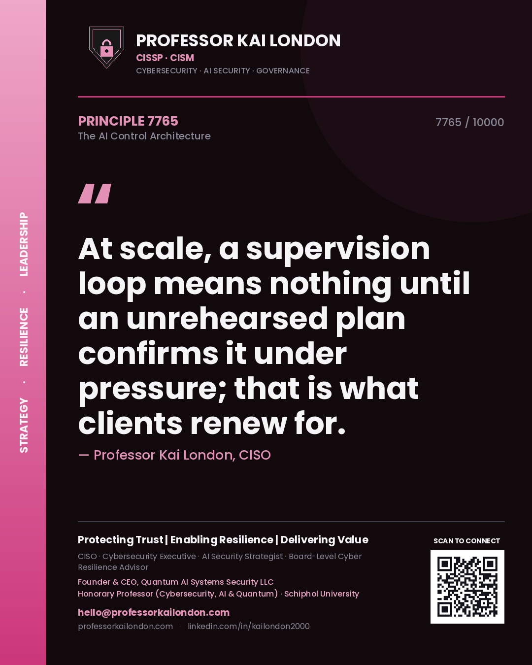Quote card by Professor Kai London reading 'At scale, a supervision loop means nothing until an unrehearsed plan confirms it under pressure; that is what clients renew for.'. From the book The AI Control Architecture.