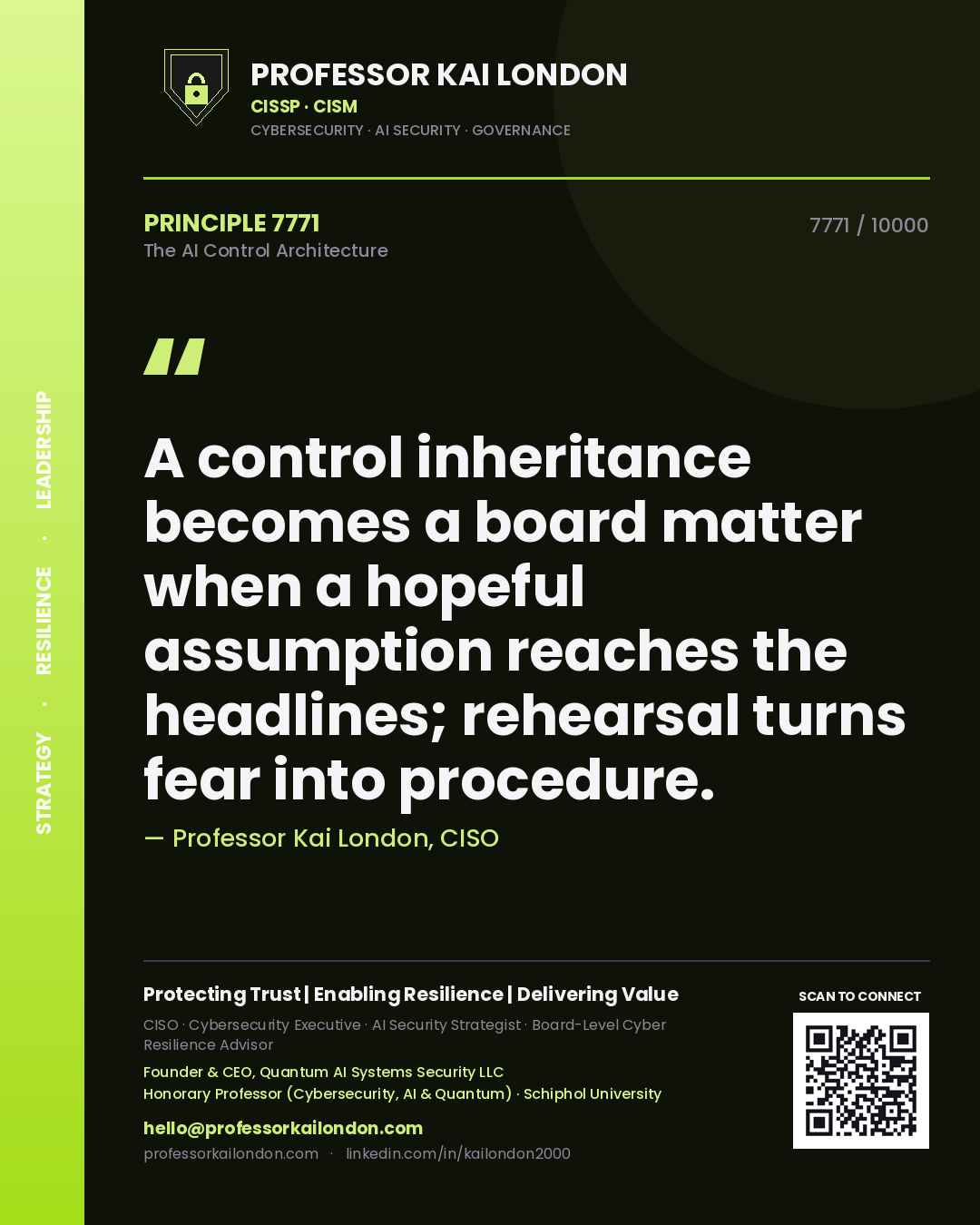 Professor Kai London principle 7771: A control inheritance becomes a board matter when a hopeful assumption reaches the headlines; rehearsal turns fear into procedure.