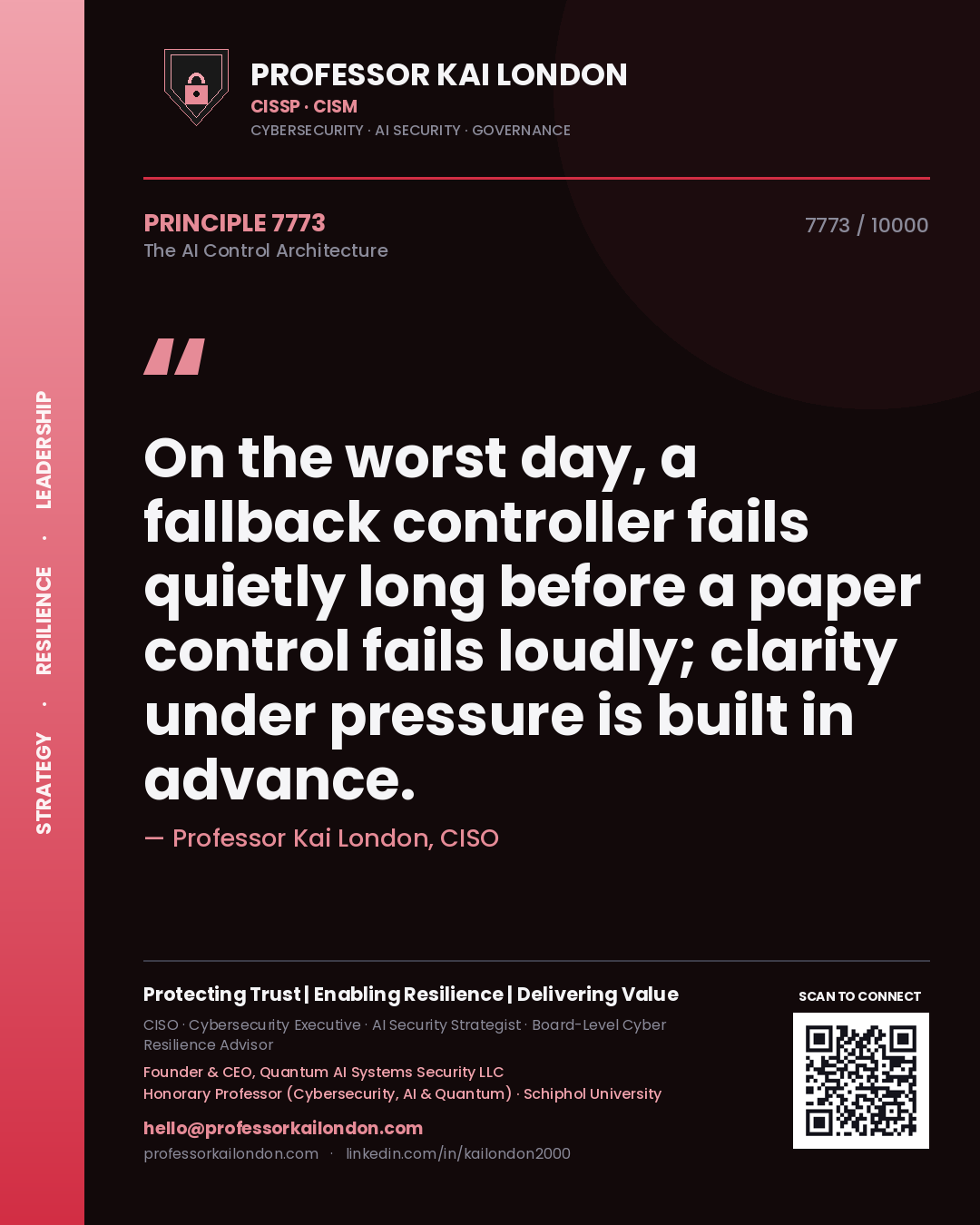 Quote card by Professor Kai London reading 'On the worst day, a fallback controller fails quietly long before a paper control fails loudly; clarity under pressure is built in advance.'. From the book The AI Control Architecture.