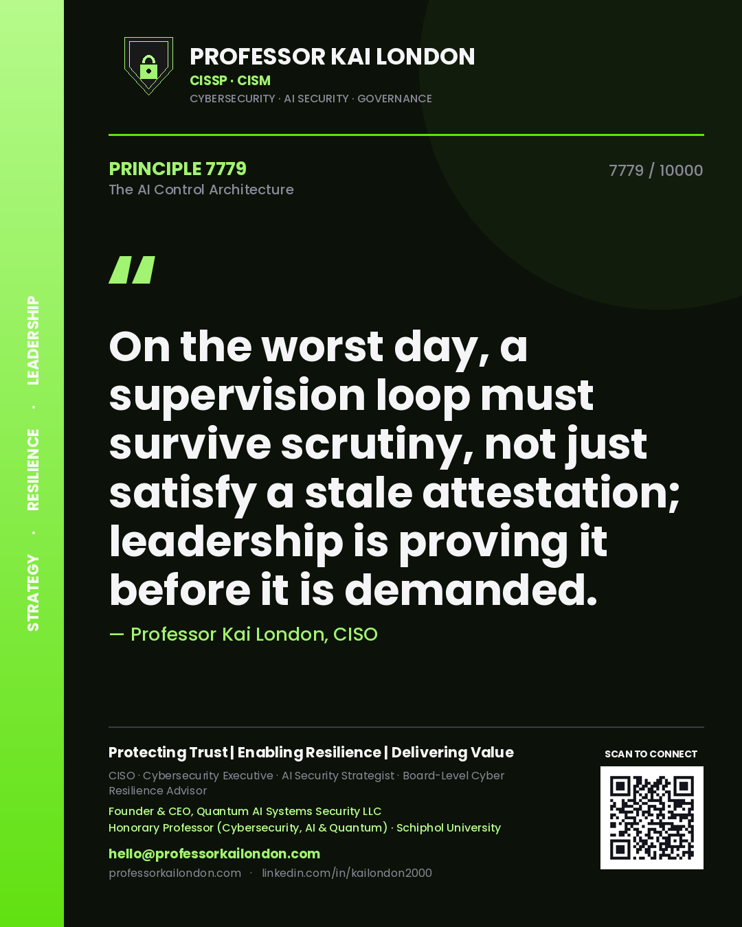 Professor Kai London principle 7779: On the worst day, a supervision loop must survive scrutiny, not just satisfy a stale attestation; leadership is proving it before it is demanded.