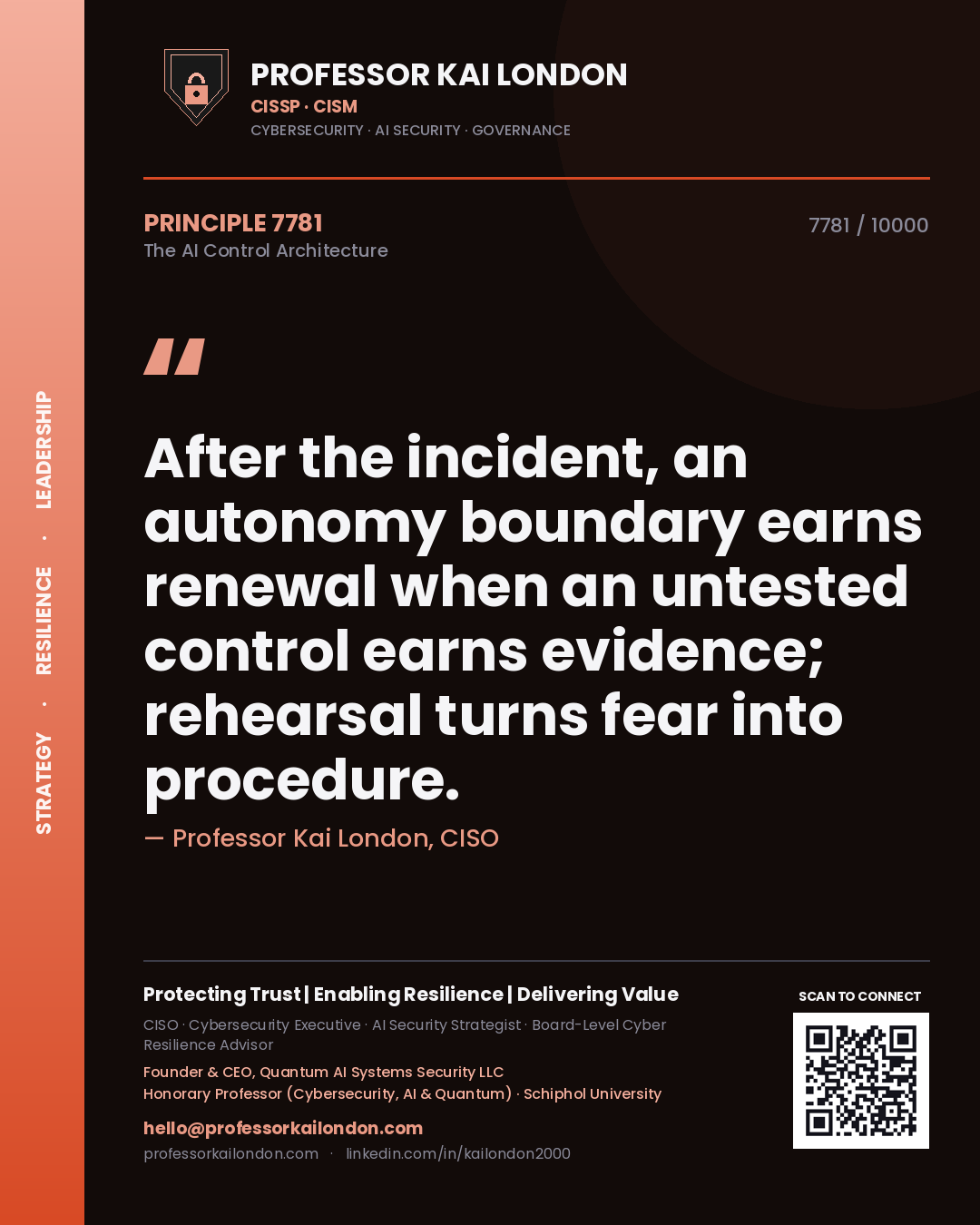 Professor Kai London principle 7781: After the incident, an autonomy boundary earns renewal when an untested control earns evidence; rehearsal turns fear into procedure.