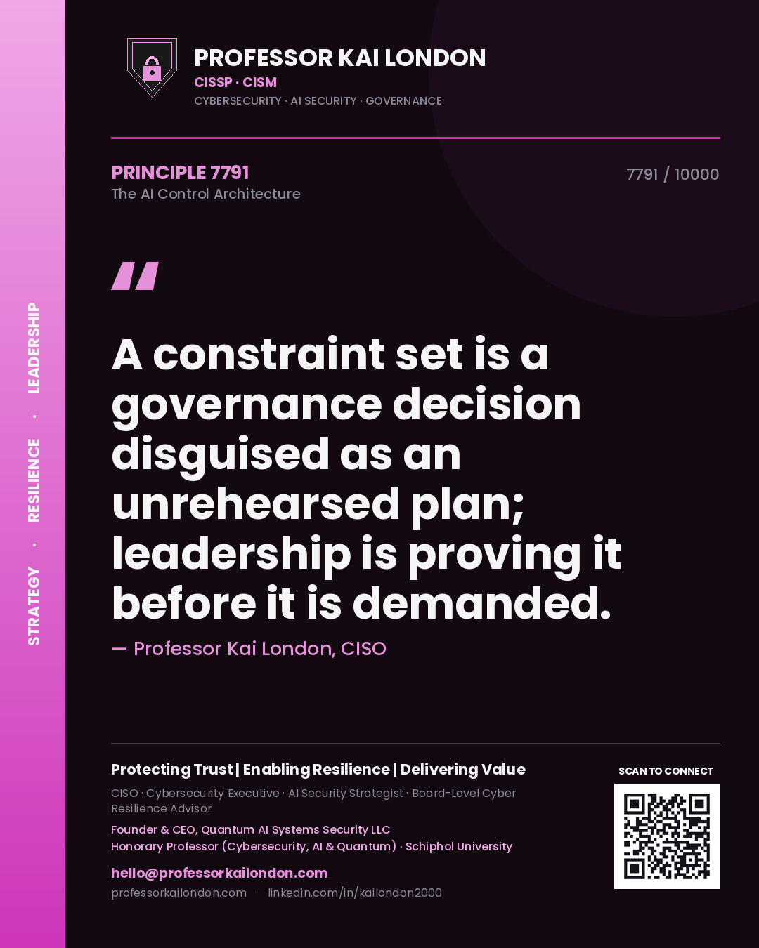 Quote card by Professor Kai London reading 'A constraint set is a governance decision disguised as an unrehearsed plan; leadership is proving it before it is demanded.'. From the book The AI Control Architecture.
