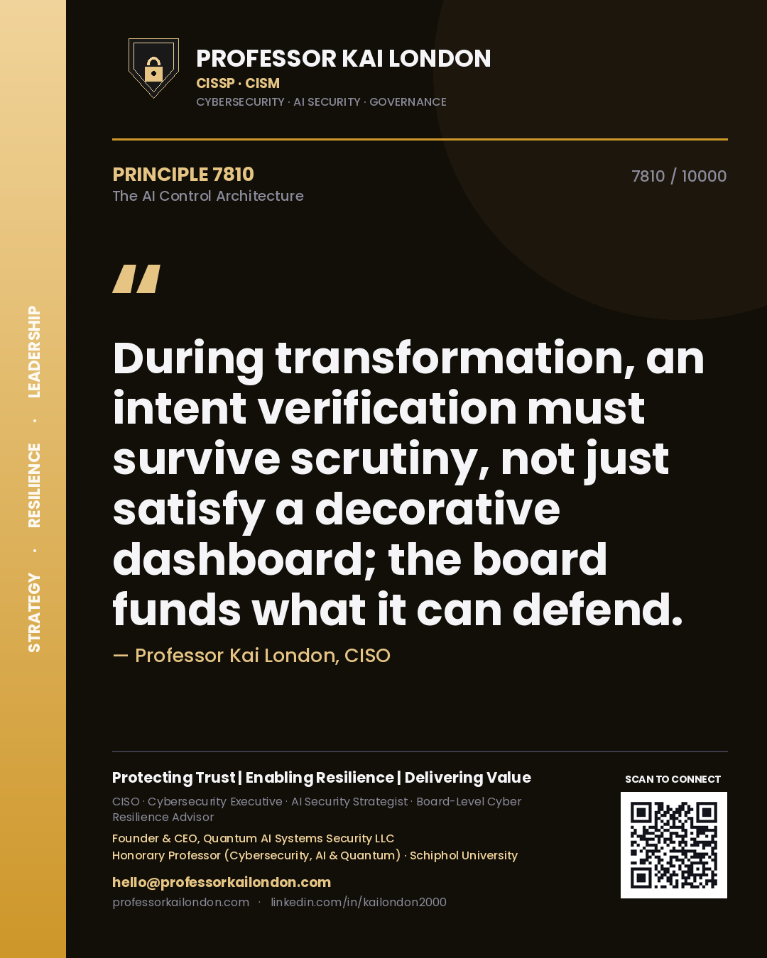 Professor Kai London principle 7810: During transformation, an intent verification must survive scrutiny, not just satisfy a decorative dashboard; the board funds what it can defend.