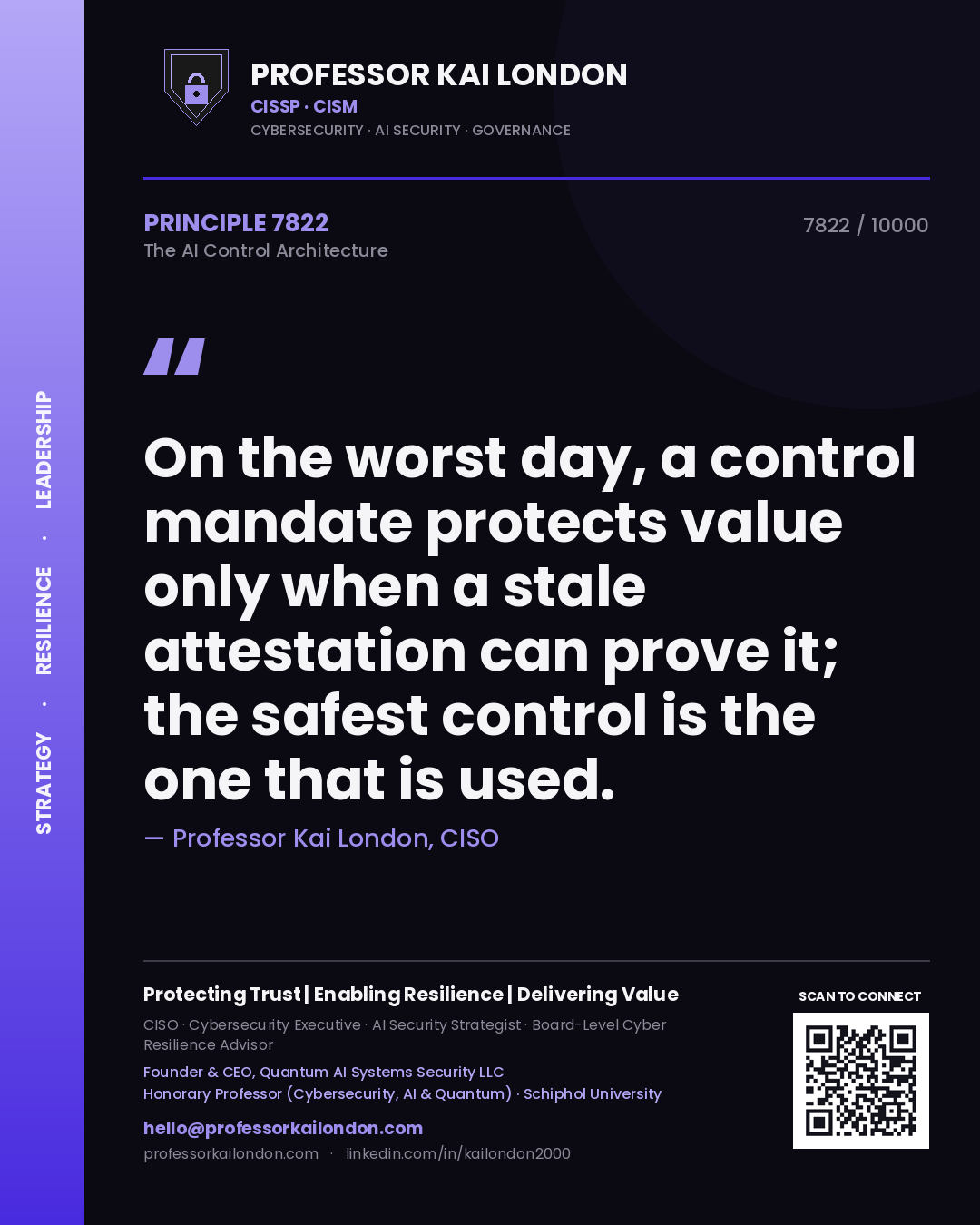 Professor Kai London principle 7822: On the worst day, a control mandate protects value only when a stale attestation can prove it; the safest control is the one that is used.
