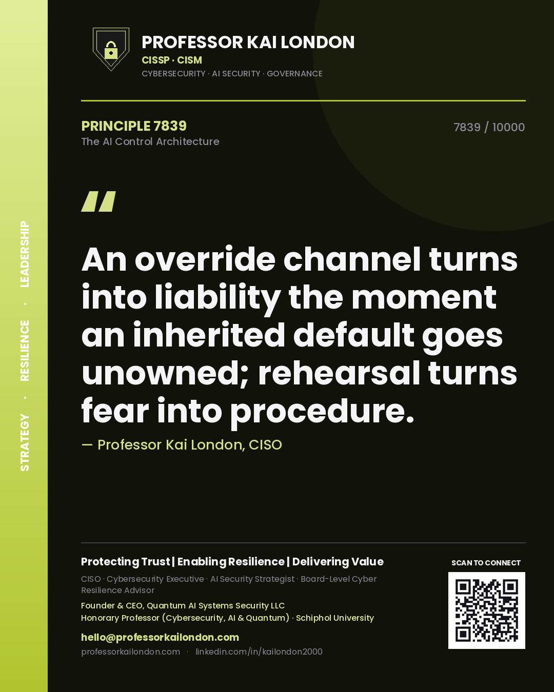Quote card by Professor Kai London reading 'An override channel turns into liability the moment an inherited default goes unowned; rehearsal turns fear into procedure.'. From the book The AI Control Architecture.
