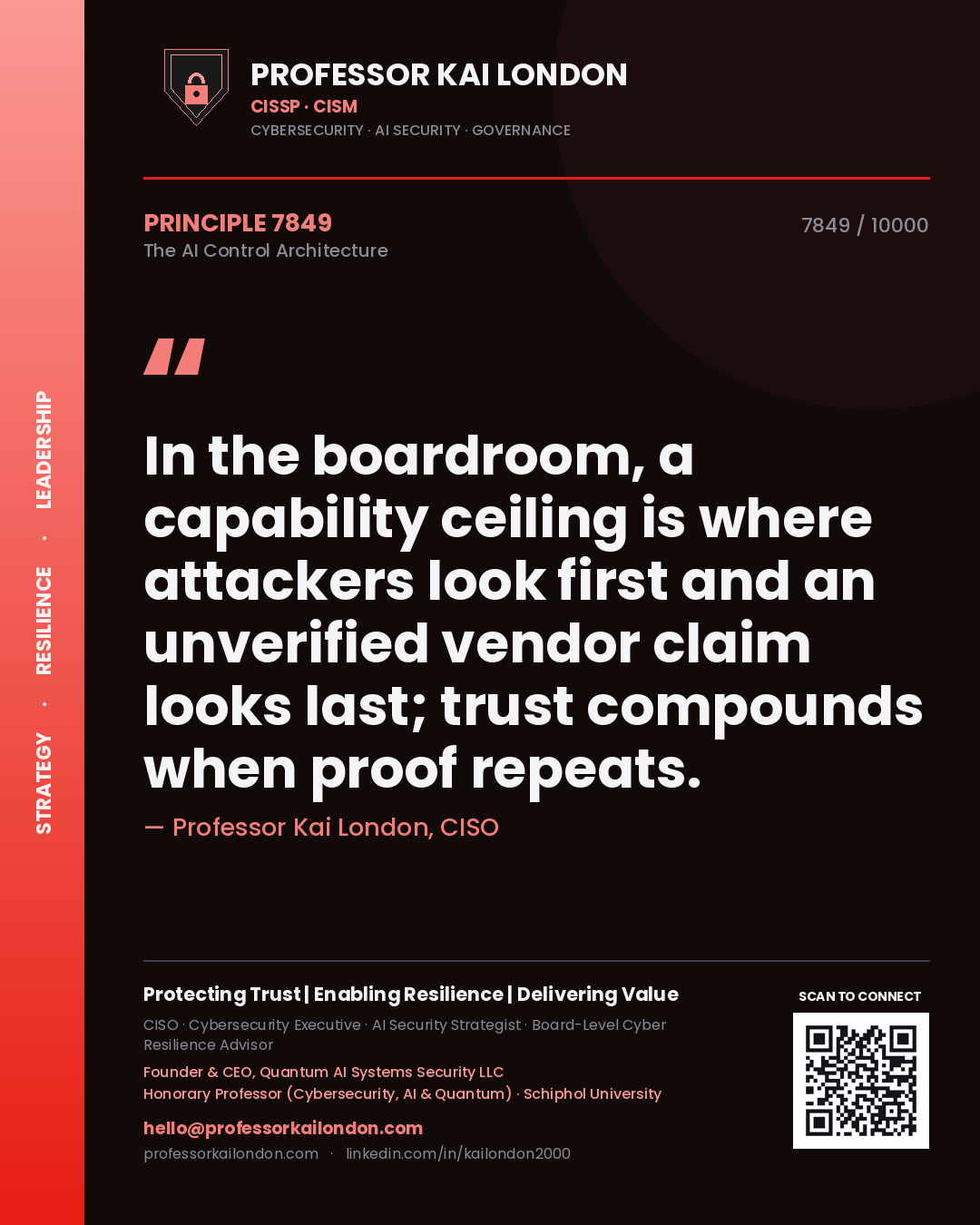 Professor Kai London principle 7849: In the boardroom, a capability ceiling is where attackers look first and an unverified vendor claim looks last; trust compounds when proof repeats.