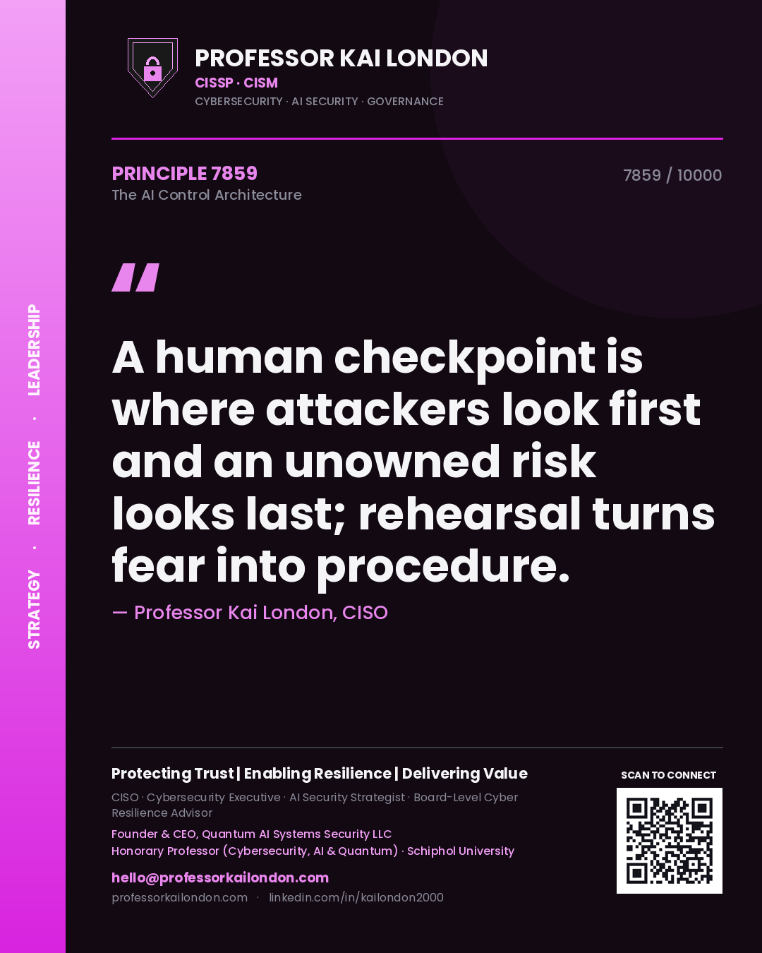 Professor Kai London principle 7859: A human checkpoint is where attackers look first and an unowned risk looks last; rehearsal turns fear into procedure.