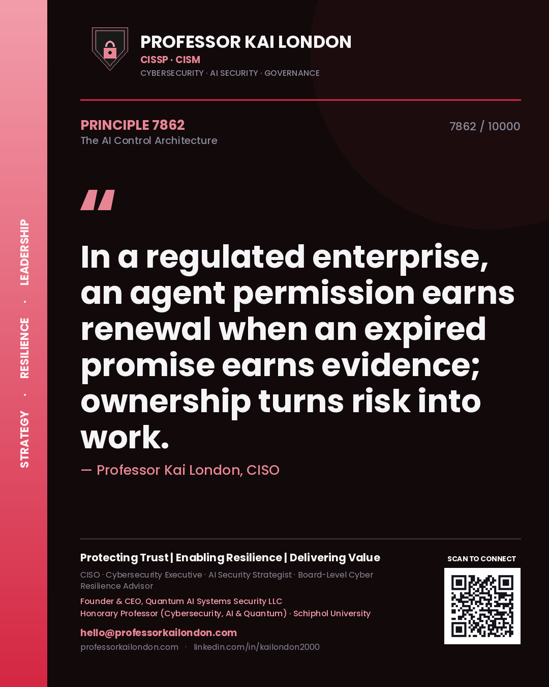 Quote card by Professor Kai London reading 'In a regulated enterprise, an agent permission earns renewal when an expired promise earns evidence; ownership turns risk into work.'. From the book The AI Control Architecture.