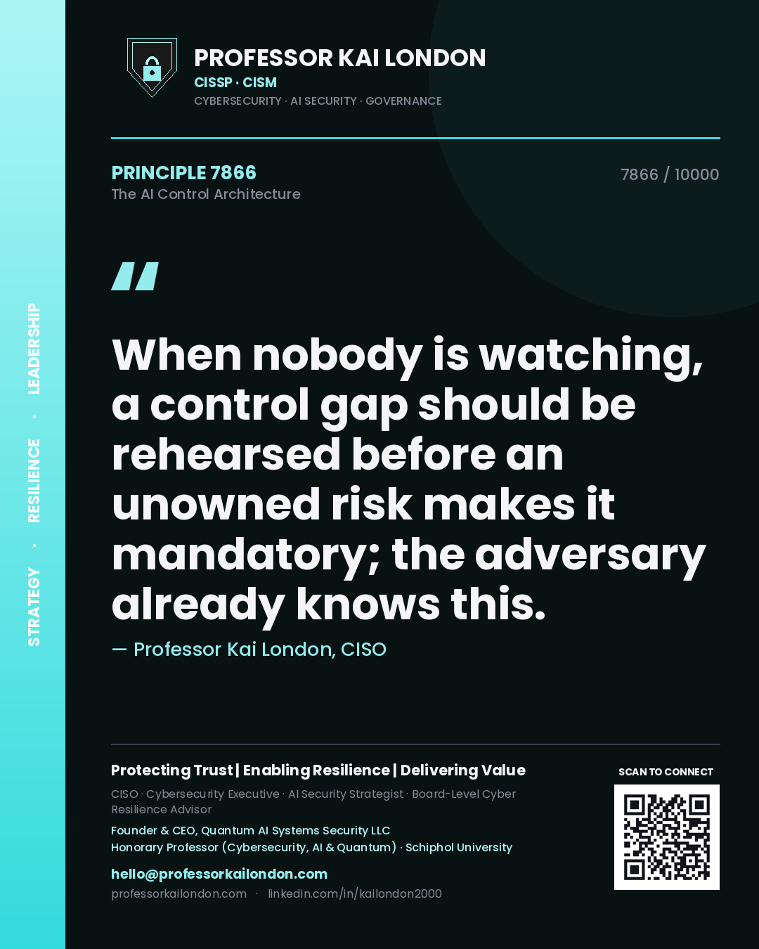 Professor Kai London principle 7866: When nobody is watching, a control gap should be rehearsed before an unowned risk makes it mandatory; the adversary already knows this.