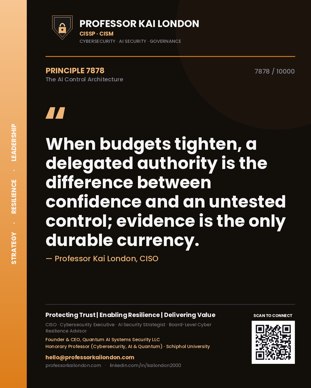 Professor Kai London principle 7878: When budgets tighten, a delegated authority is the difference between confidence and an untested control; evidence is the only durable currency.