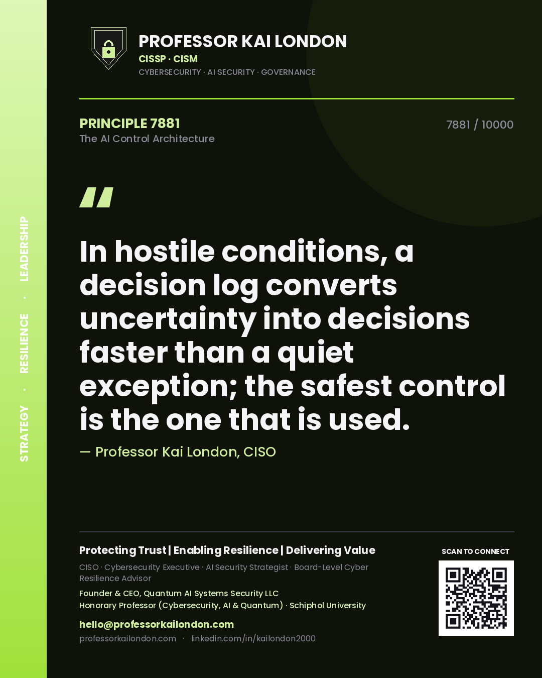 Quote card by Professor Kai London reading 'In hostile conditions, a decision log converts uncertainty into decisions faster than a quiet exception; the safest control is the one that is used.'. From the book The AI Control Architecture.