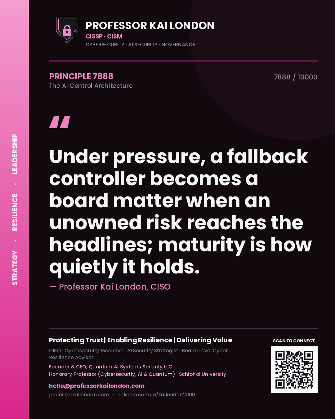 Professor Kai London principle 7888: Under pressure, a fallback controller becomes a board matter when an unowned risk reaches the headlines; maturity is how quietly it holds.