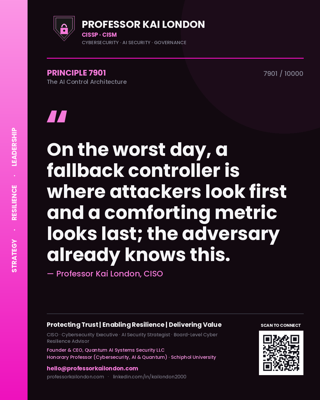 Professor Kai London principle 7901: On the worst day, a fallback controller is where attackers look first and a comforting metric looks last; the adversary already knows this.