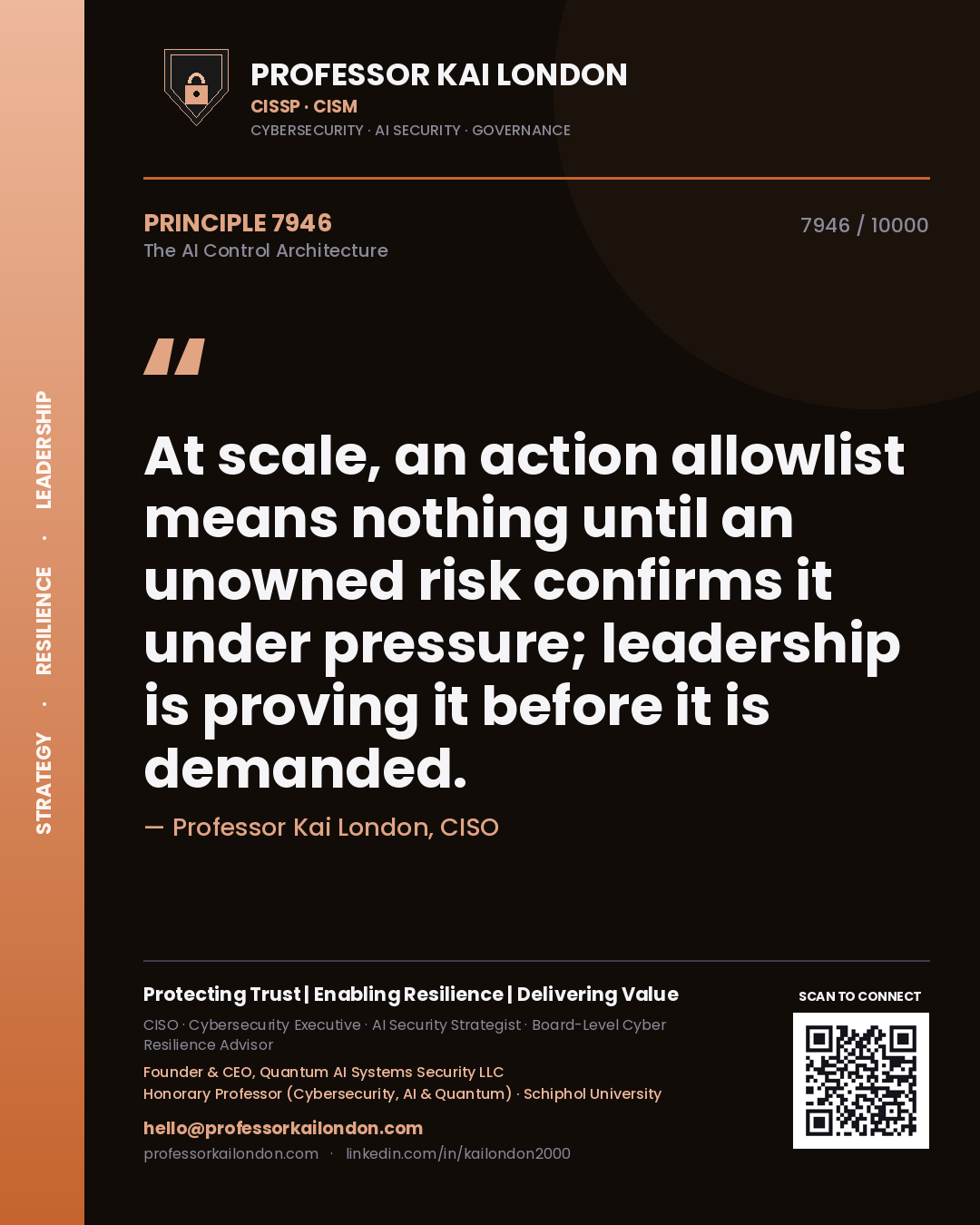 Quote card by Professor Kai London reading 'At scale, an action allowlist means nothing until an unowned risk confirms it under pressure; leadership is proving it before it is demanded.'. From the book The AI Control Architecture.