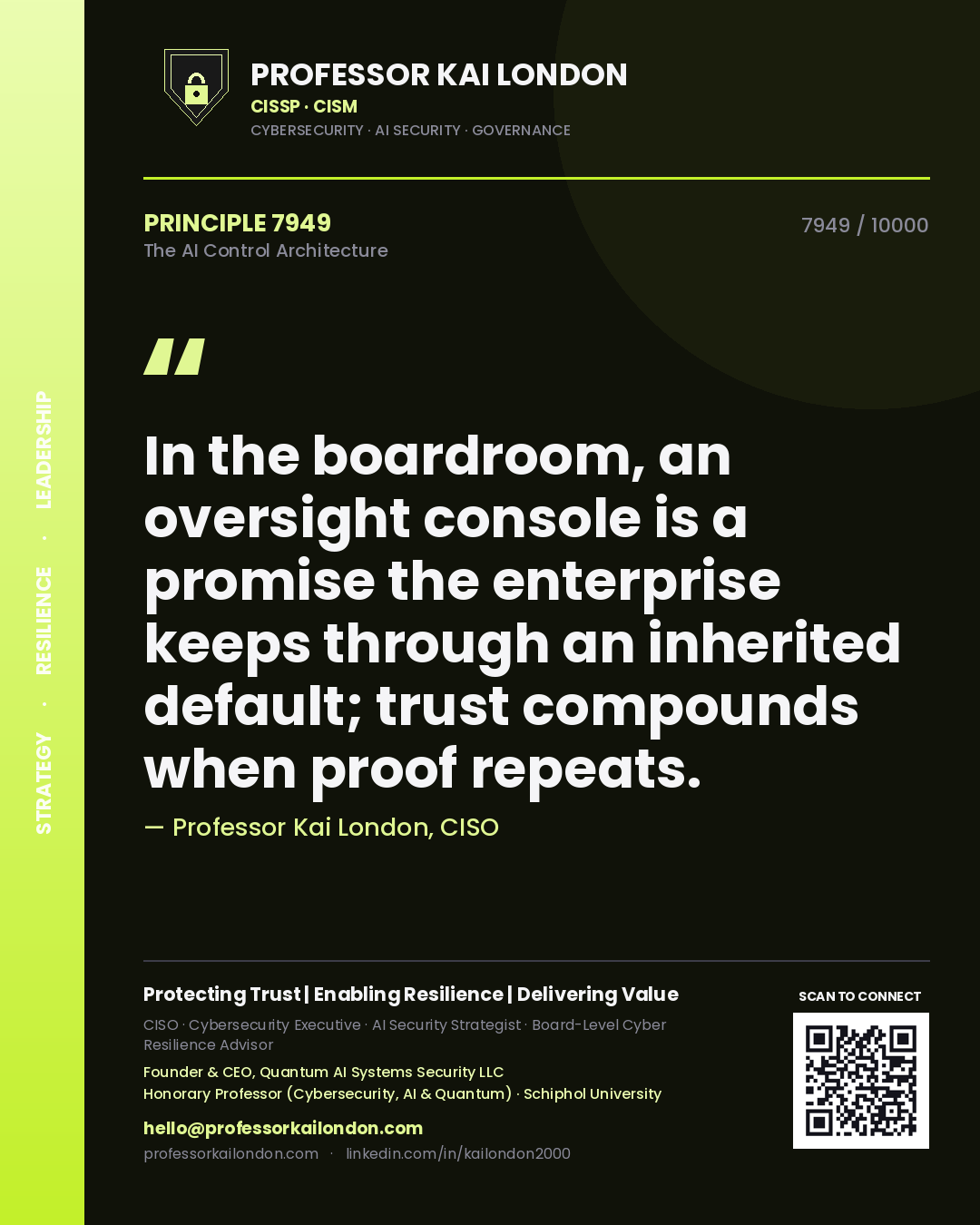 Professor Kai London principle 7949: In the boardroom, an oversight console is a promise the enterprise keeps through an inherited default; trust compounds when proof repeats.