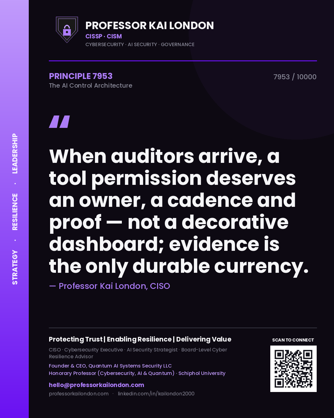Quote card by Professor Kai London reading 'When auditors arrive, a tool permission deserves an owner, a cadence and proof — not a decorative dashboard; evidence is the only durable currency.'. From the book The AI Control Architecture.