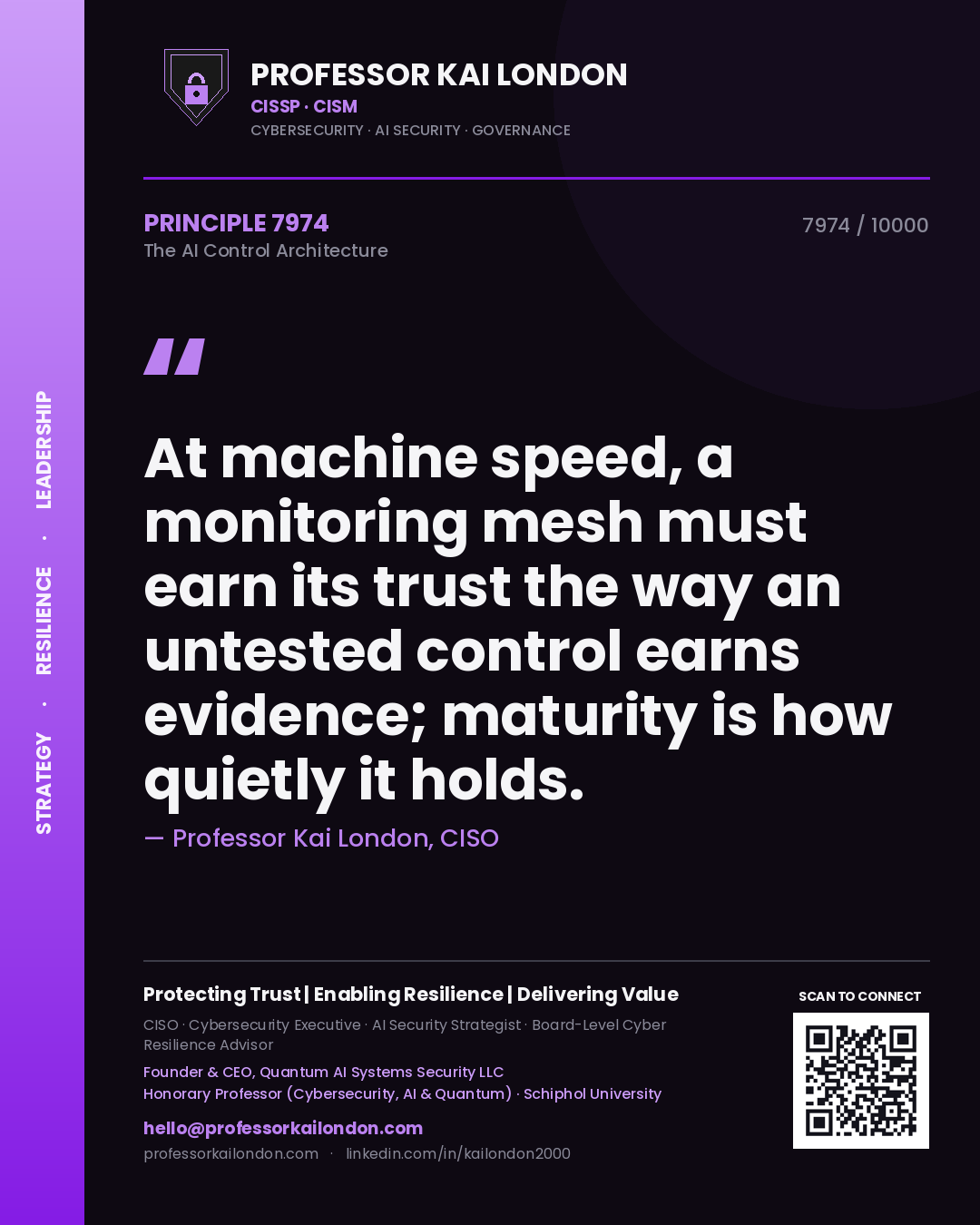 Quote card by Professor Kai London reading 'At machine speed, a monitoring mesh must earn its trust the way an untested control earns evidence; maturity is how quietly it holds.'. From the book The AI Control Architecture.