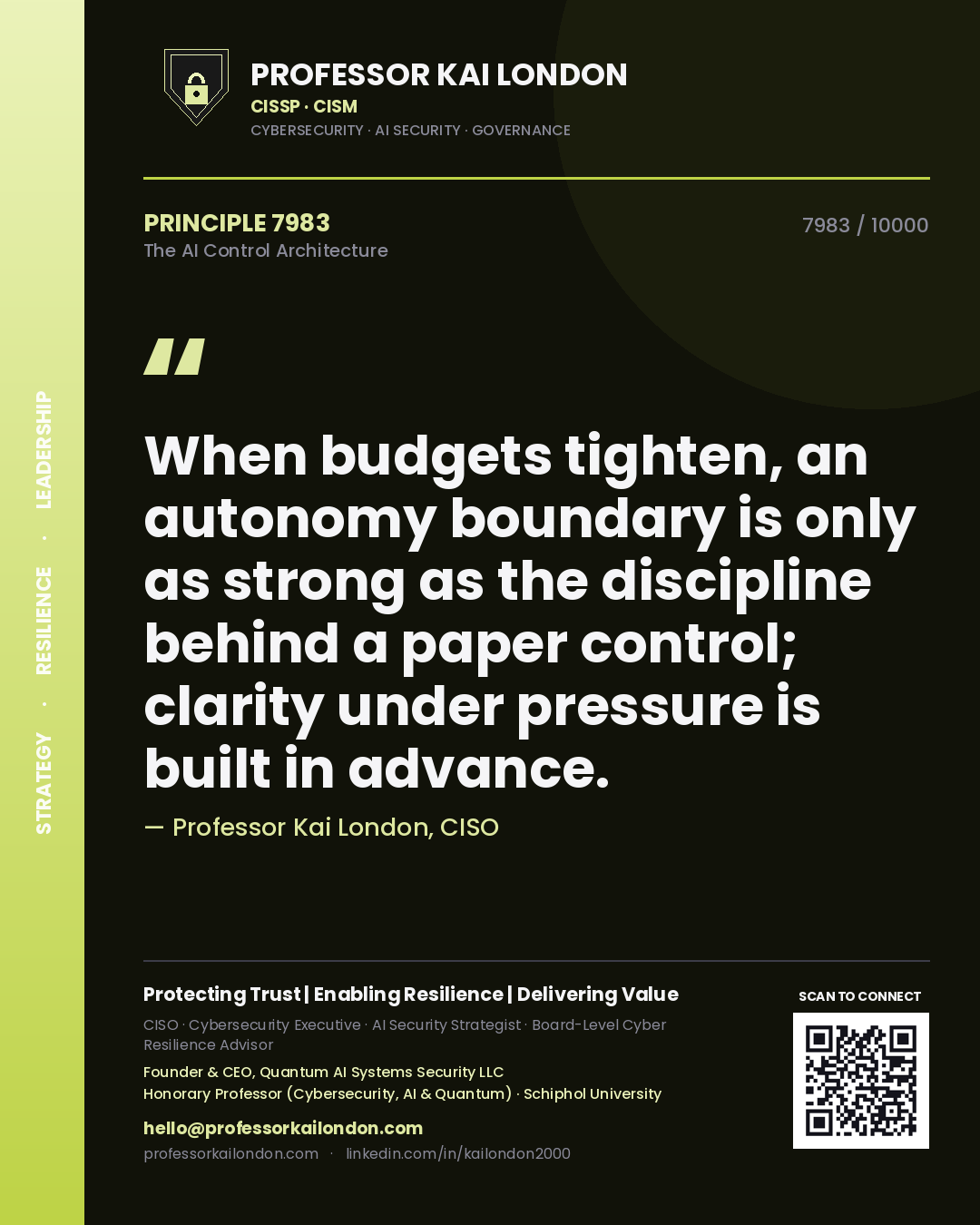 Quote card by Professor Kai London reading 'When budgets tighten, an autonomy boundary is only as strong as the discipline behind a paper control; clarity under pressure is built in advance.'. From the book The AI Control Architecture.