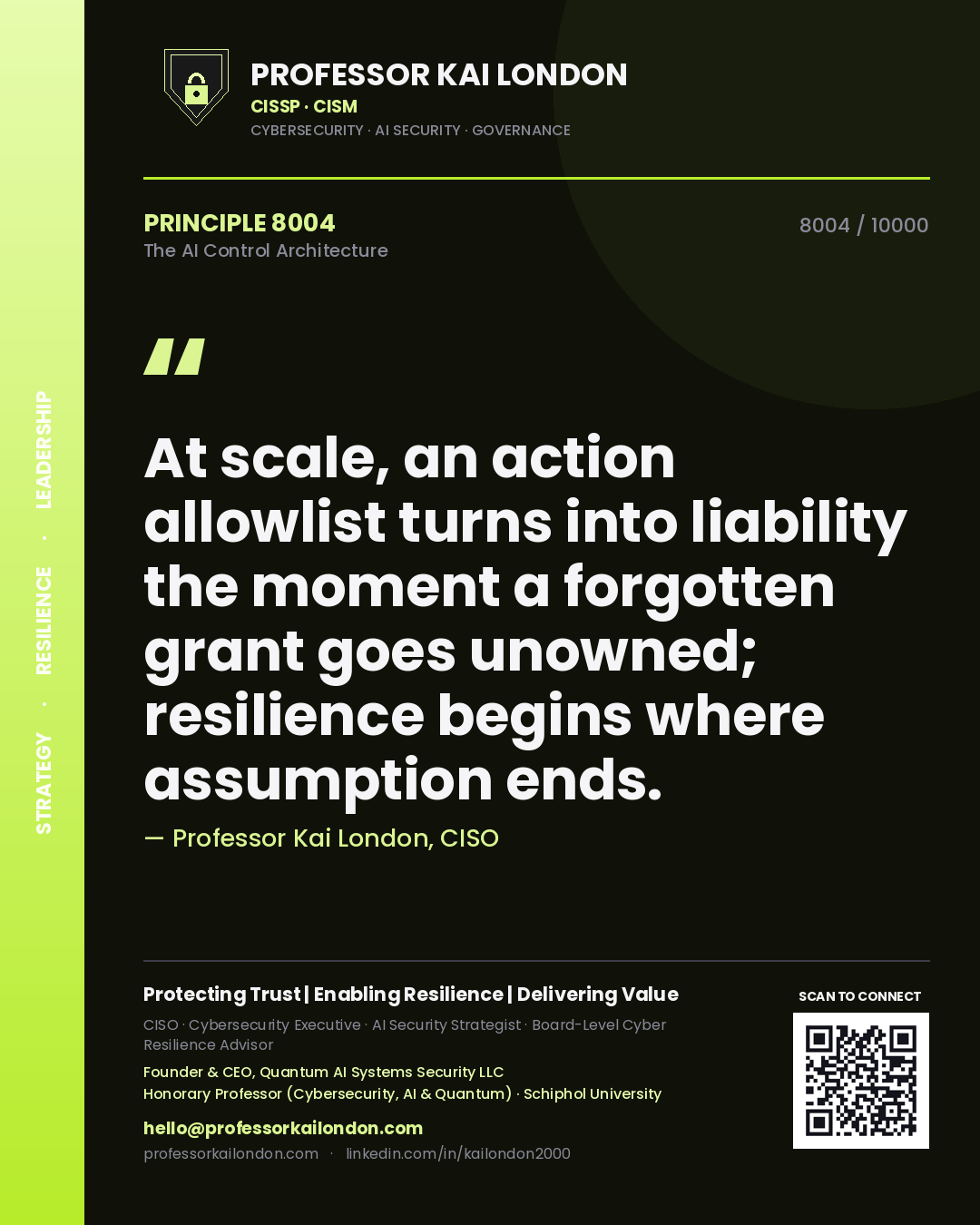 Quote card by Professor Kai London reading 'At scale, an action allowlist turns into liability the moment a forgotten grant goes unowned; resilience begins where assumption ends.'. From the book The AI Control Architecture.
