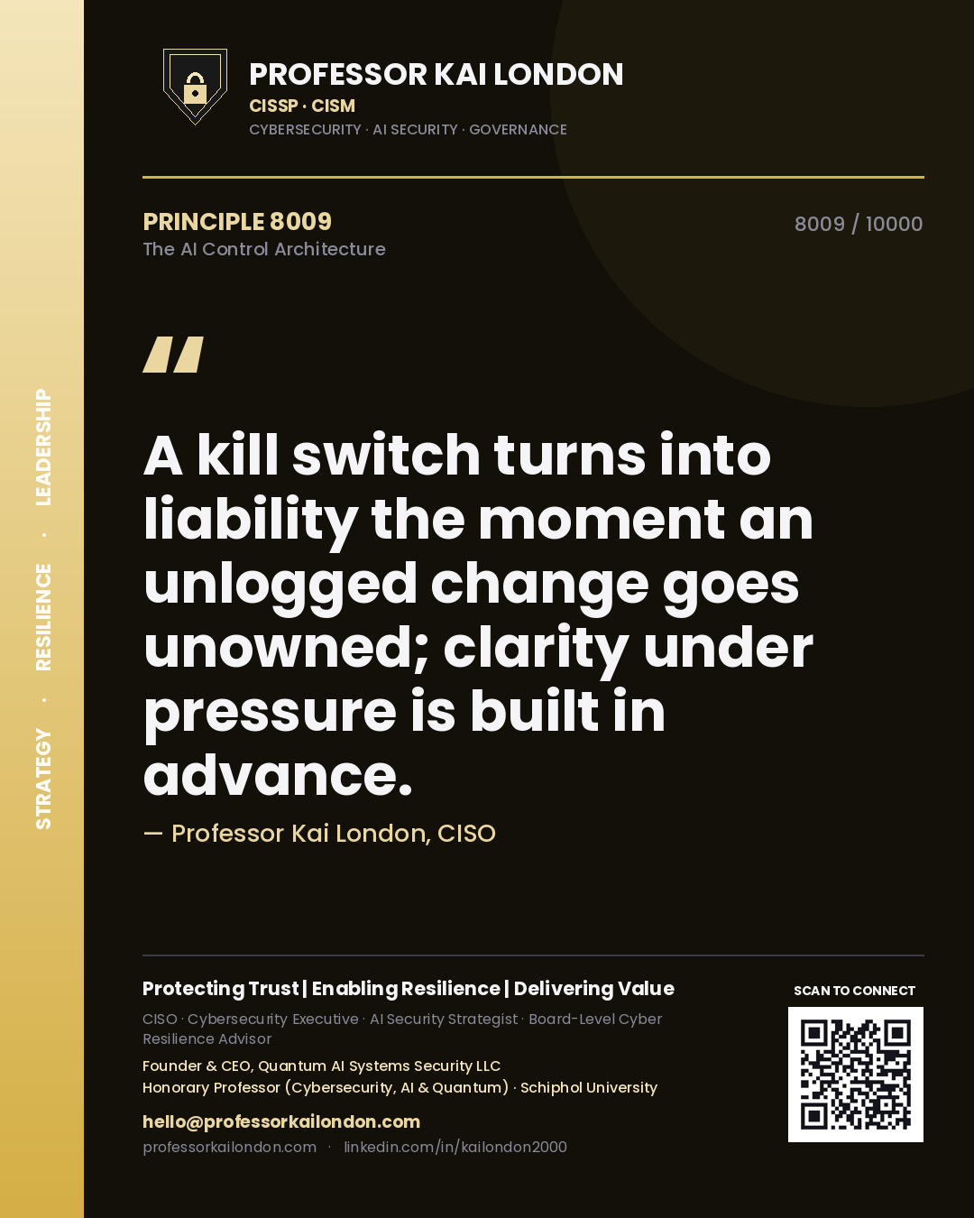 Quote card by Professor Kai London reading 'A kill switch turns into liability the moment an unlogged change goes unowned; clarity under pressure is built in advance.'. From the book The AI Control Architecture.
