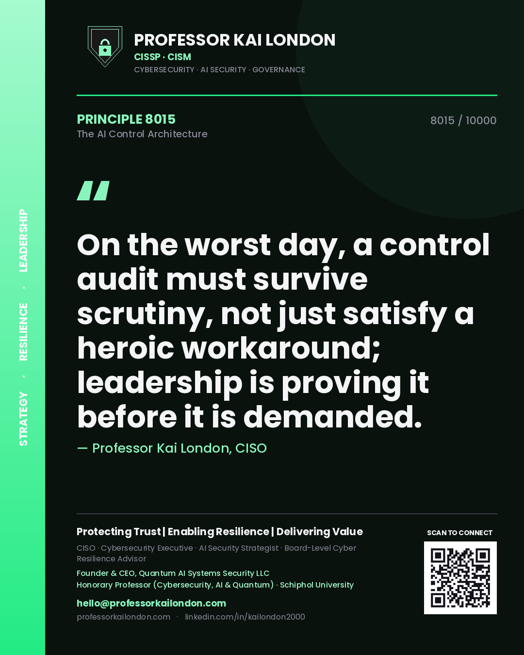 Quote card by Professor Kai London reading 'On the worst day, a control audit must survive scrutiny, not just satisfy a heroic workaround; leadership is proving it before it is demanded.'. From the book The AI Control Architecture.