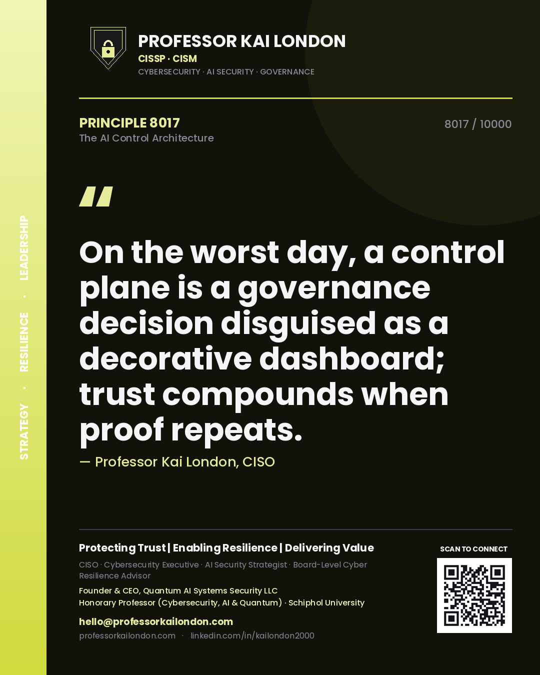 Quote card by Professor Kai London reading 'On the worst day, a control plane is a governance decision disguised as a decorative dashboard; trust compounds when proof repeats.'. From the book The AI Control Architecture.