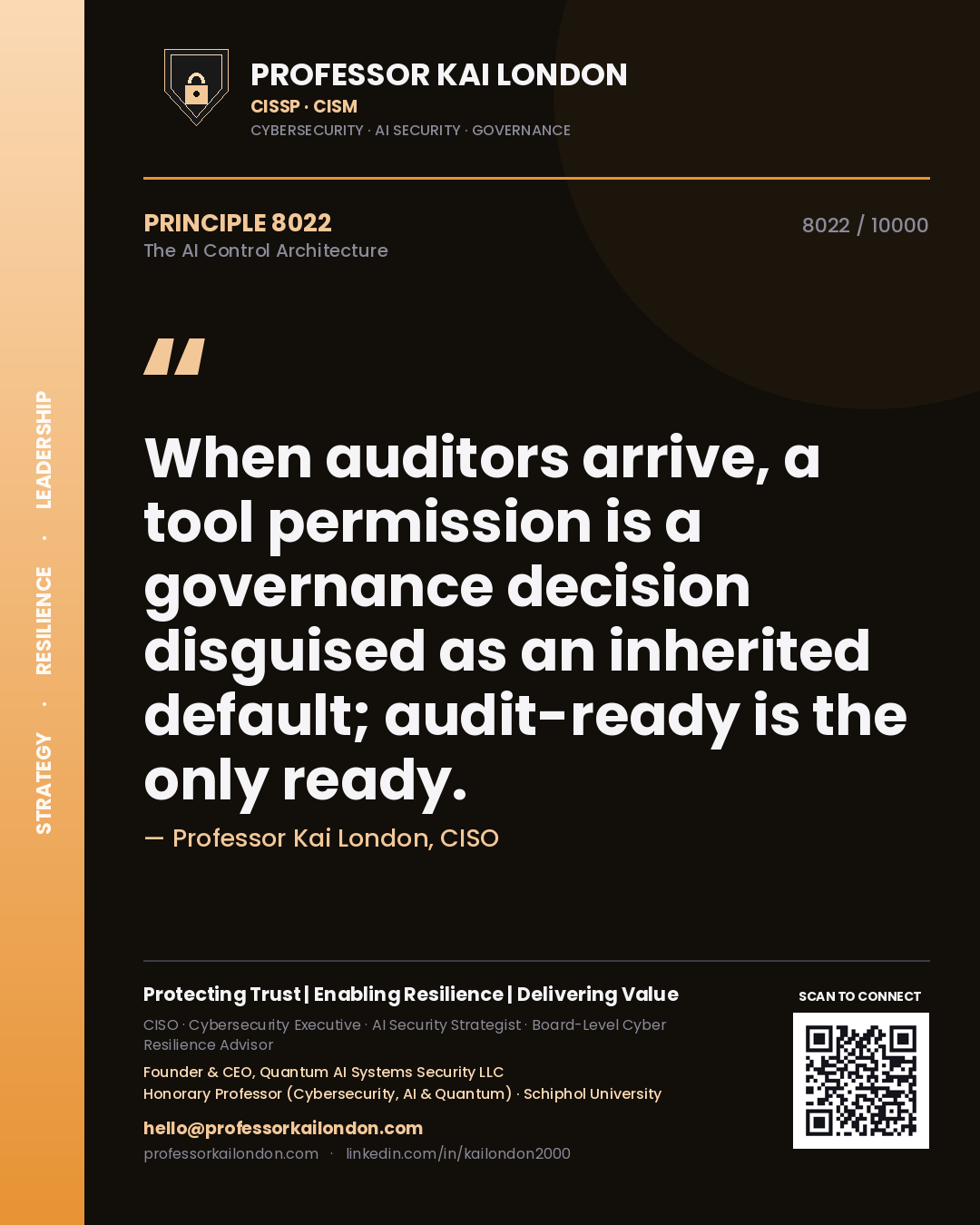 Quote card by Professor Kai London reading 'When auditors arrive, a tool permission is a governance decision disguised as an inherited default; audit-ready is the only ready.'. From the book The AI Control Architecture.