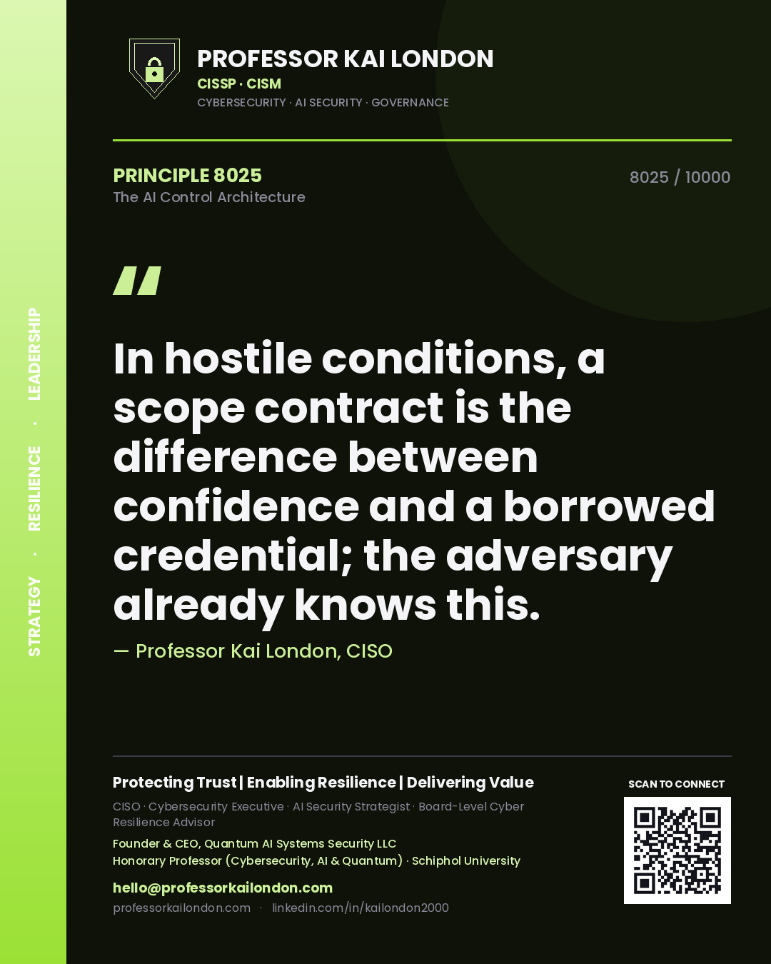 Professor Kai London principle 8025: In hostile conditions, a scope contract is the difference between confidence and a borrowed credential; the adversary already knows this.