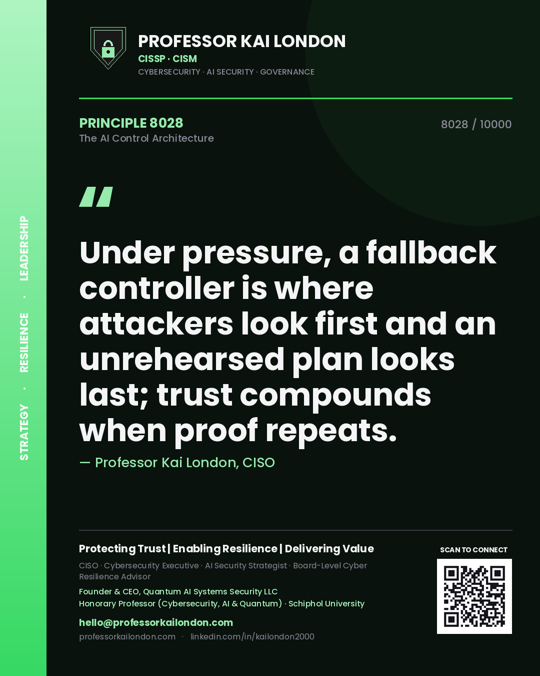 Quote card by Professor Kai London reading 'Under pressure, a fallback controller is where attackers look first and an unrehearsed plan looks last; trust compounds when proof repeats.'. From the book The AI Control Architecture.