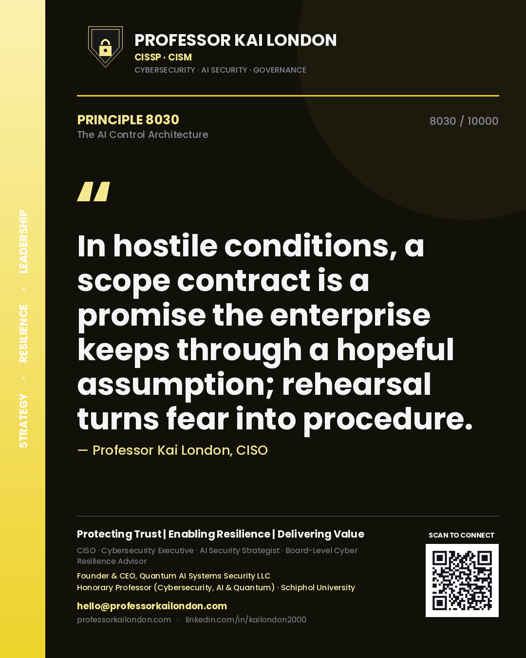 Professor Kai London principle 8030: In hostile conditions, a scope contract is a promise the enterprise keeps through a hopeful assumption; rehearsal turns fear into procedure.