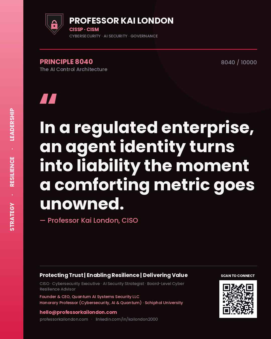 Quote card by Professor Kai London reading 'In a regulated enterprise, an agent identity turns into liability the moment a comforting metric goes unowned.'. From the book The AI Control Architecture.