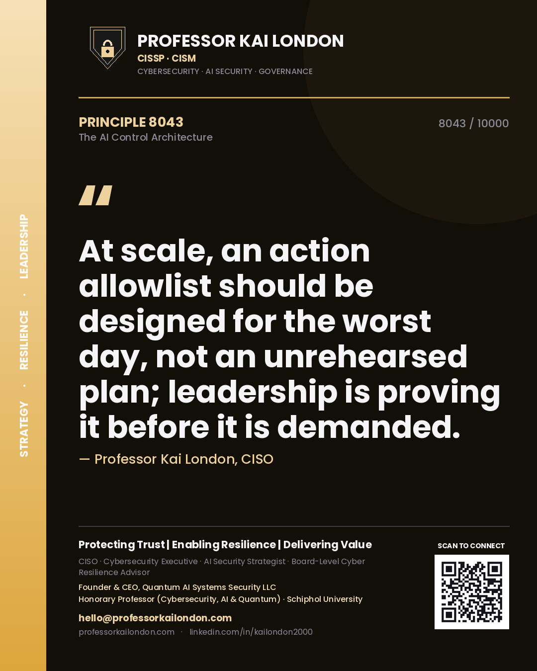Professor Kai London principle 8043: At scale, an action allowlist should be designed for the worst day, not an unrehearsed plan; leadership is proving it before it is demanded.