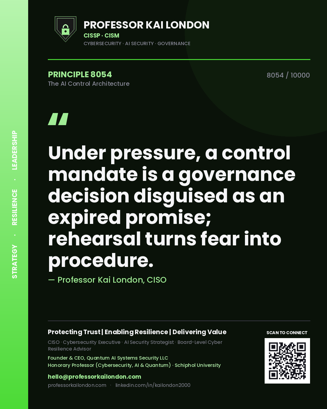 Quote card by Professor Kai London reading 'Under pressure, a control mandate is a governance decision disguised as an expired promise; rehearsal turns fear into procedure.'. From the book The AI Control Architecture.