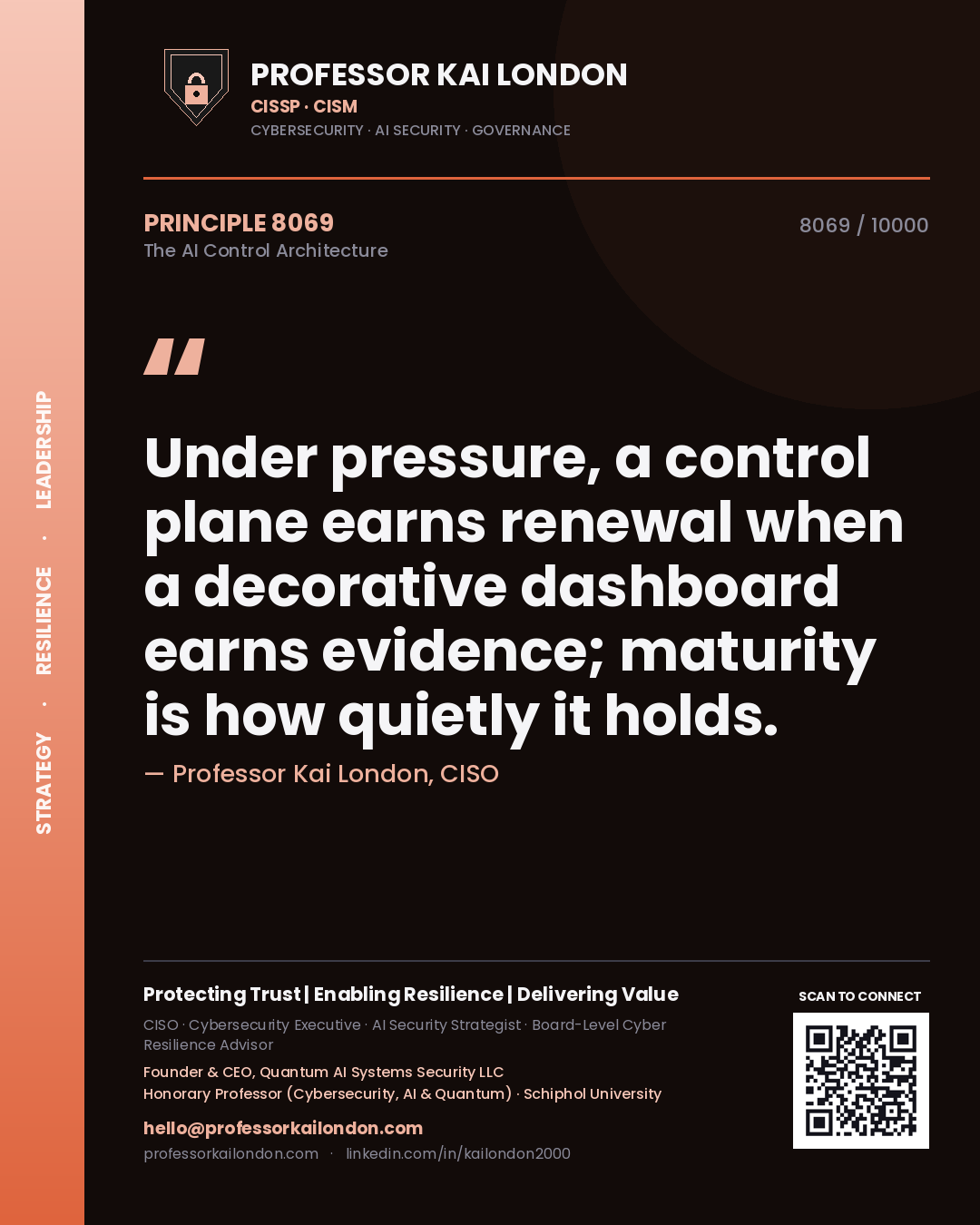 Quote card by Professor Kai London reading 'Under pressure, a control plane earns renewal when a decorative dashboard earns evidence; maturity is how quietly it holds.'. From the book The AI Control Architecture.