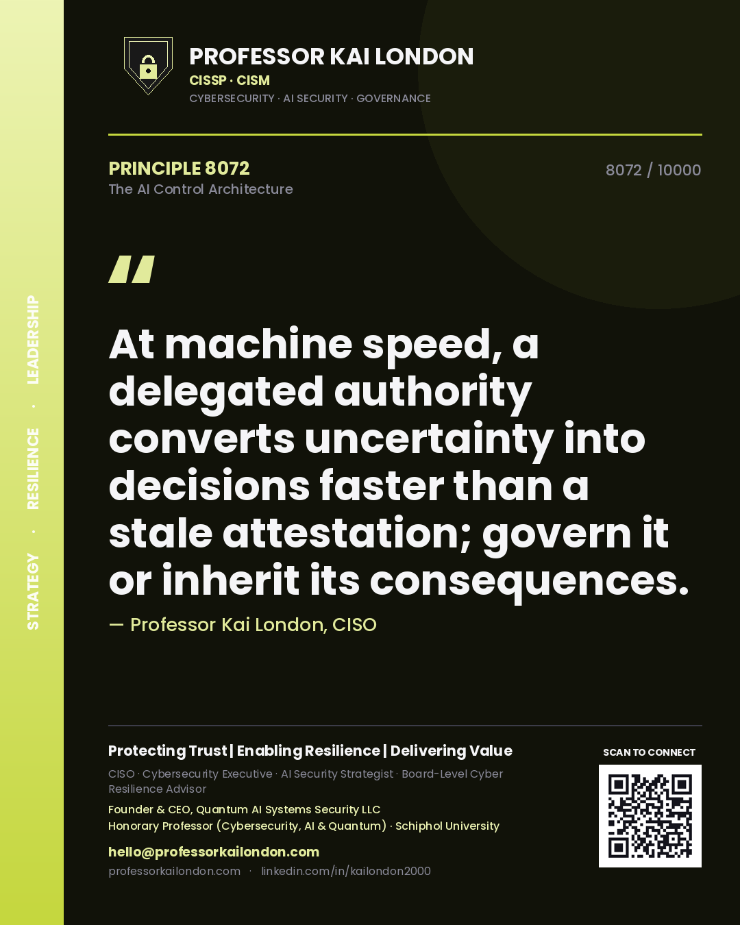 Professor Kai London principle 8072: At machine speed, a delegated authority converts uncertainty into decisions faster than a stale attestation; govern it or inherit its consequences.
