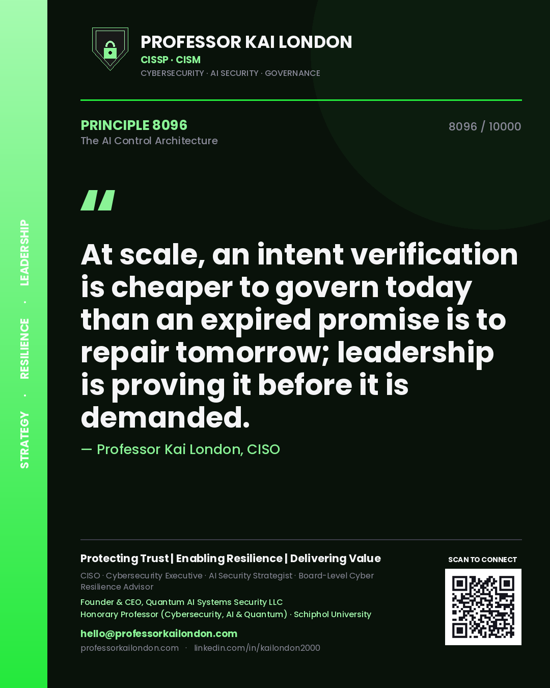 Professor Kai London principle 8096: At scale, an intent verification is cheaper to govern today than an expired promise is to repair tomorrow; leadership is proving it before it is demanded.