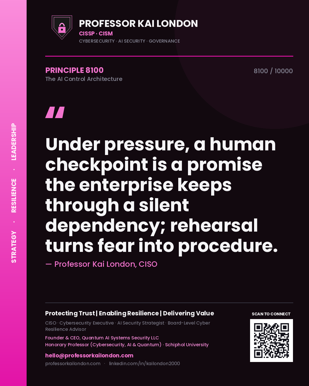 Professor Kai London principle 8100: Under pressure, a human checkpoint is a promise the enterprise keeps through a silent dependency; rehearsal turns fear into procedure.