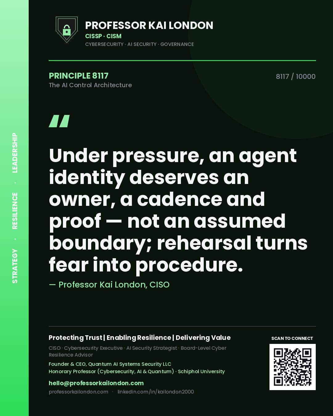 Professor Kai London principle 8117: Under pressure, an agent identity deserves an owner, a cadence and proof — not an assumed boundary; rehearsal turns fear into procedure.