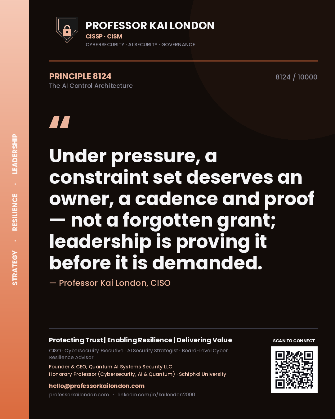 Quote card by Professor Kai London reading 'Under pressure, a constraint set deserves an owner, a cadence and proof — not a forgotten grant; leadership is proving it before it is demanded.'. From the book The AI Control Architecture.