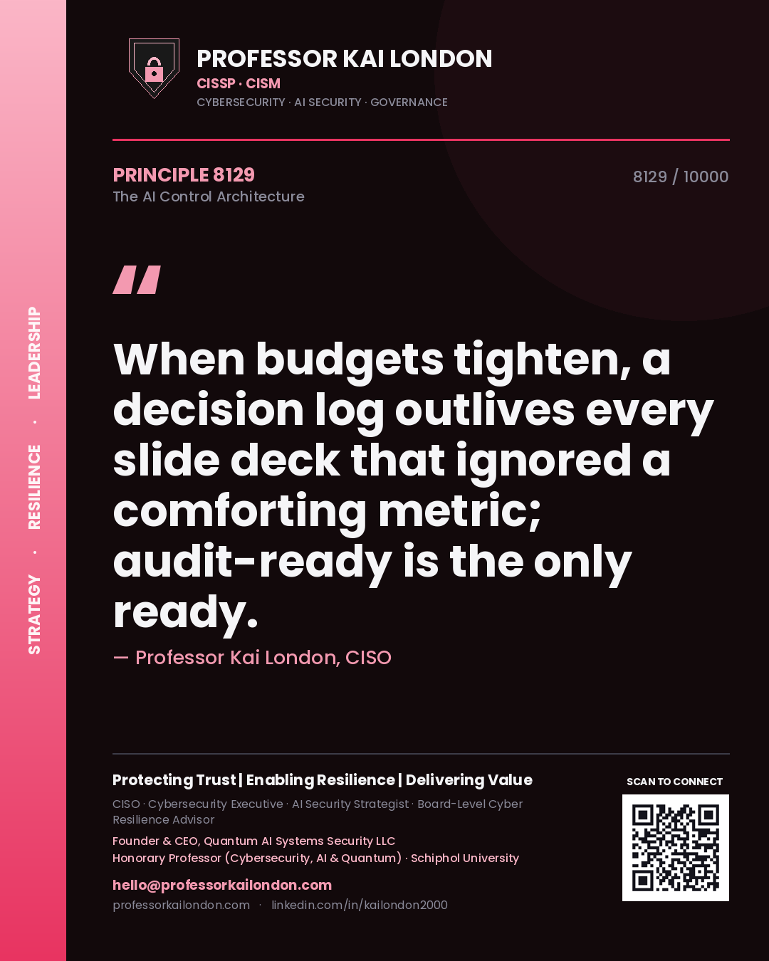 Quote card by Professor Kai London reading 'When budgets tighten, a decision log outlives every slide deck that ignored a comforting metric; audit-ready is the only ready.'. From the book The AI Control Architecture.