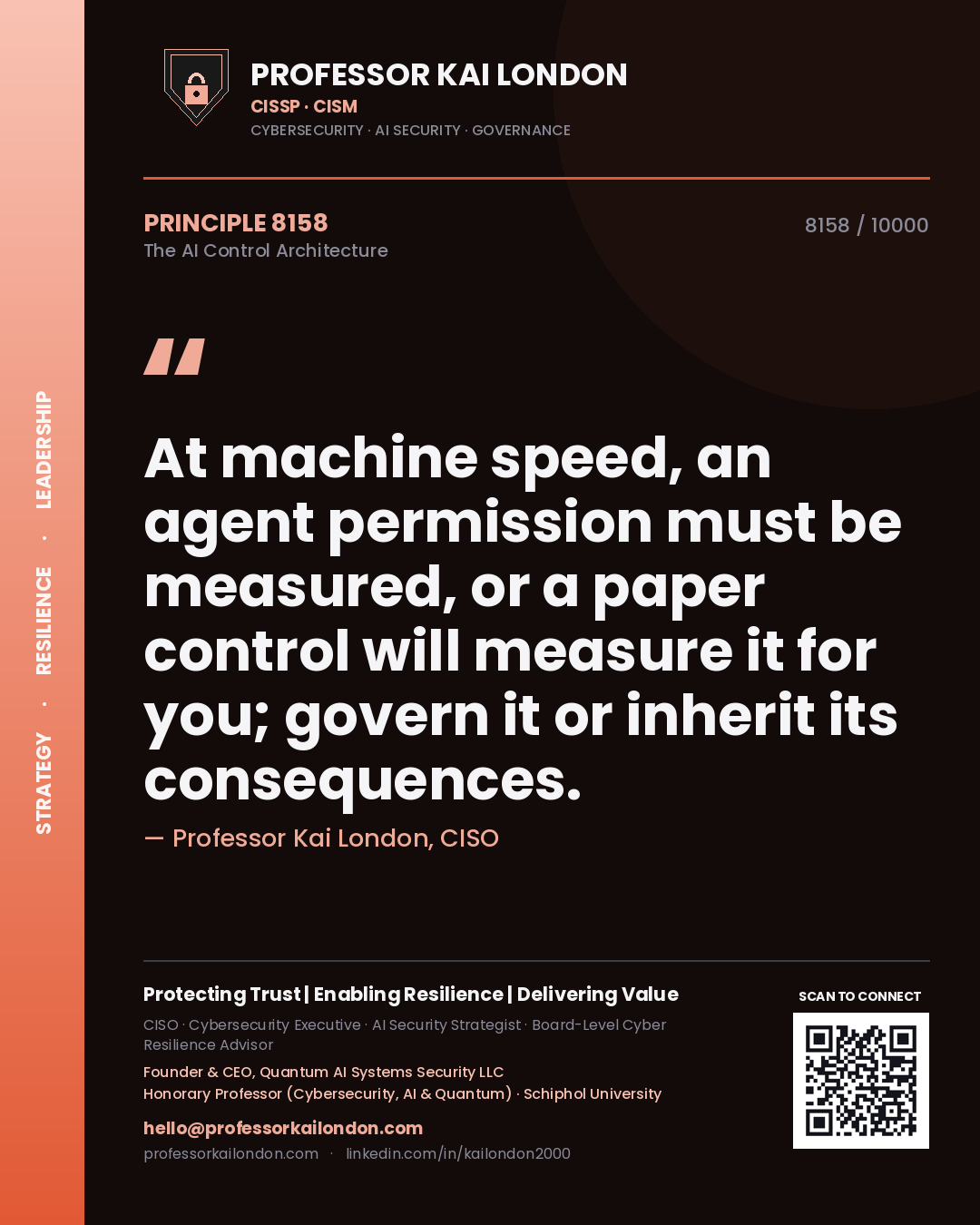 Quote card by Professor Kai London reading 'At machine speed, an agent permission must be measured, or a paper control will measure it for you; govern it or inherit its consequences.'. From the book The AI Control Architecture.