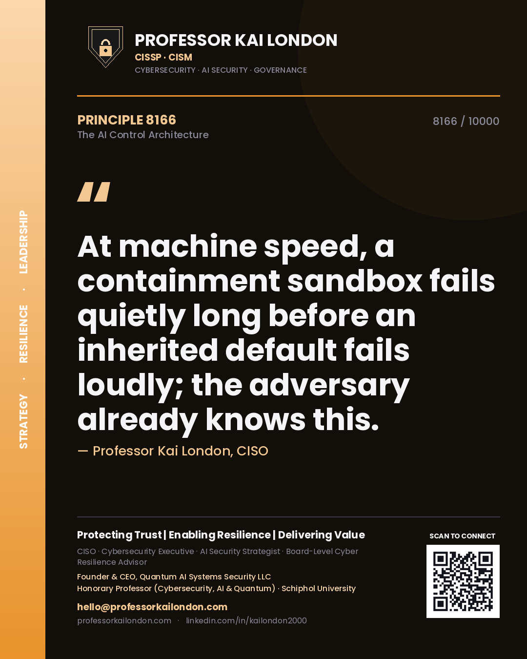Quote card by Professor Kai London reading 'At machine speed, a containment sandbox fails quietly long before an inherited default fails loudly; the adversary already knows this.'. From the book The AI Control Architecture.