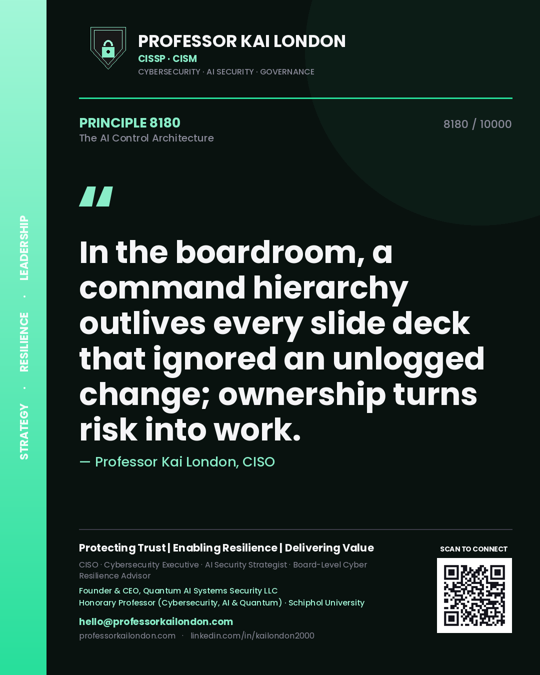 Professor Kai London principle 8180: In the boardroom, a command hierarchy outlives every slide deck that ignored an unlogged change; ownership turns risk into work.