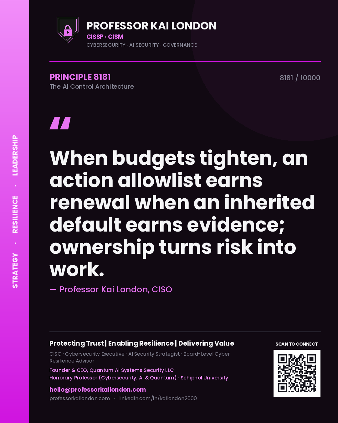 Professor Kai London principle 8181: When budgets tighten, an action allowlist earns renewal when an inherited default earns evidence; ownership turns risk into work.