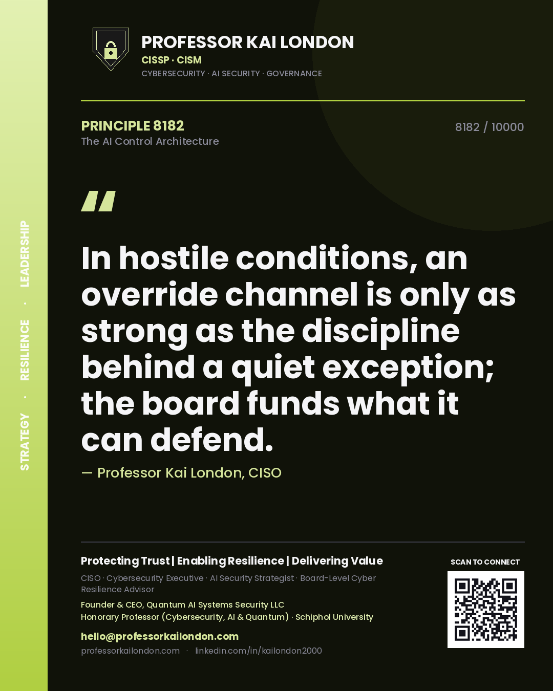 Quote card by Professor Kai London reading 'In hostile conditions, an override channel is only as strong as the discipline behind a quiet exception; the board funds what it can defend.'. From the book The AI Control Architecture.
