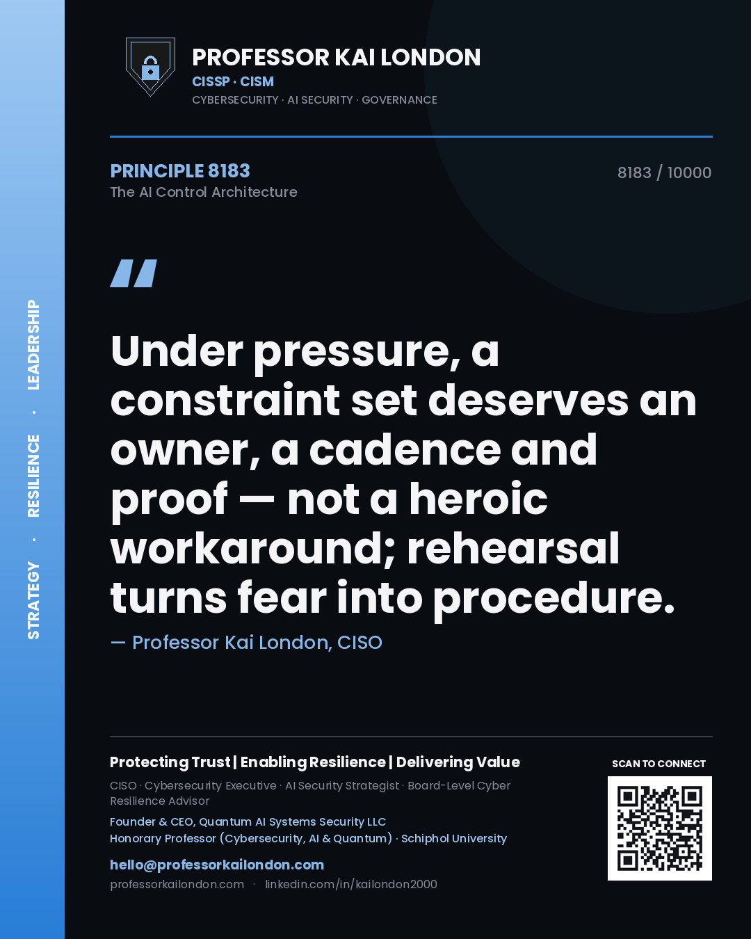 Professor Kai London principle 8183: Under pressure, a constraint set deserves an owner, a cadence and proof — not a heroic workaround; rehearsal turns fear into procedure.