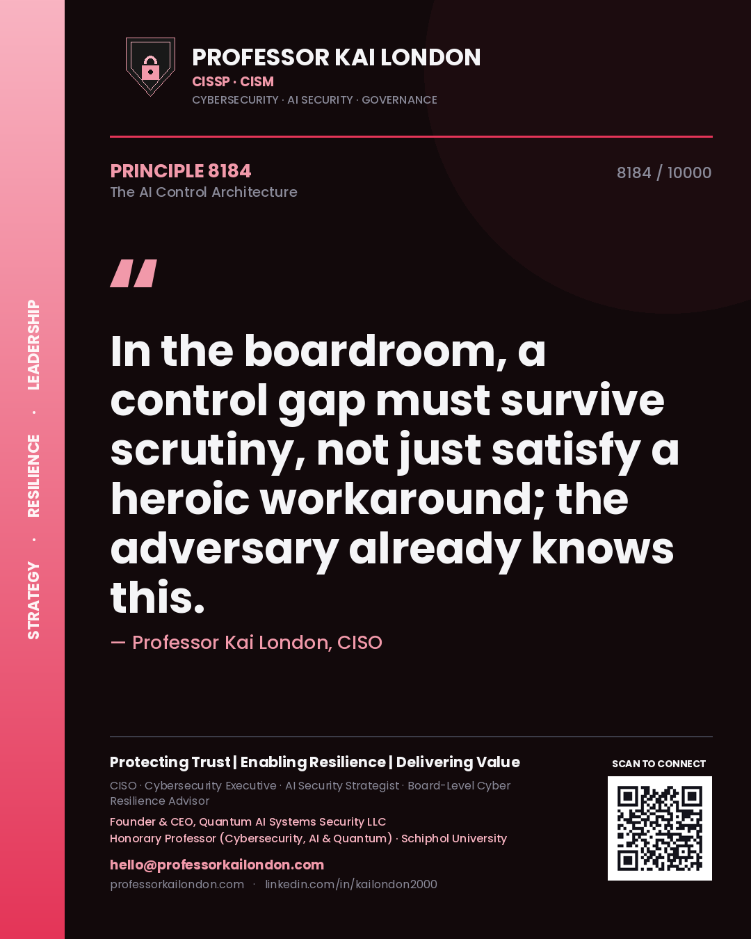 Professor Kai London principle 8184: In the boardroom, a control gap must survive scrutiny, not just satisfy a heroic workaround; the adversary already knows this.