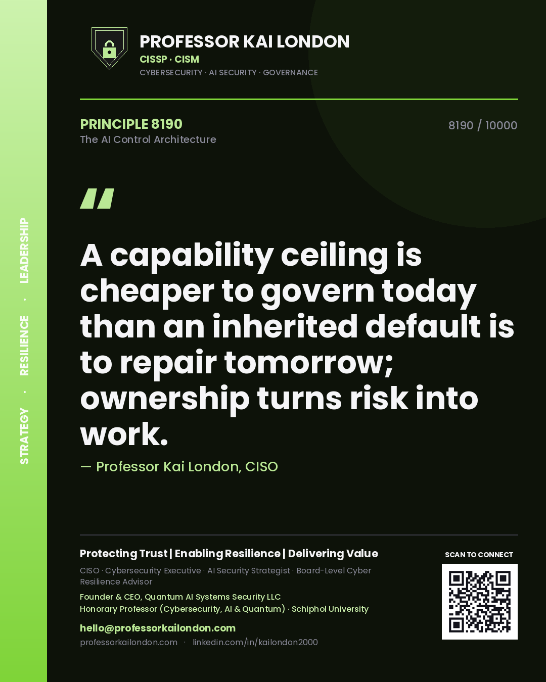 Professor Kai London principle 8190: A capability ceiling is cheaper to govern today than an inherited default is to repair tomorrow; ownership turns risk into work.