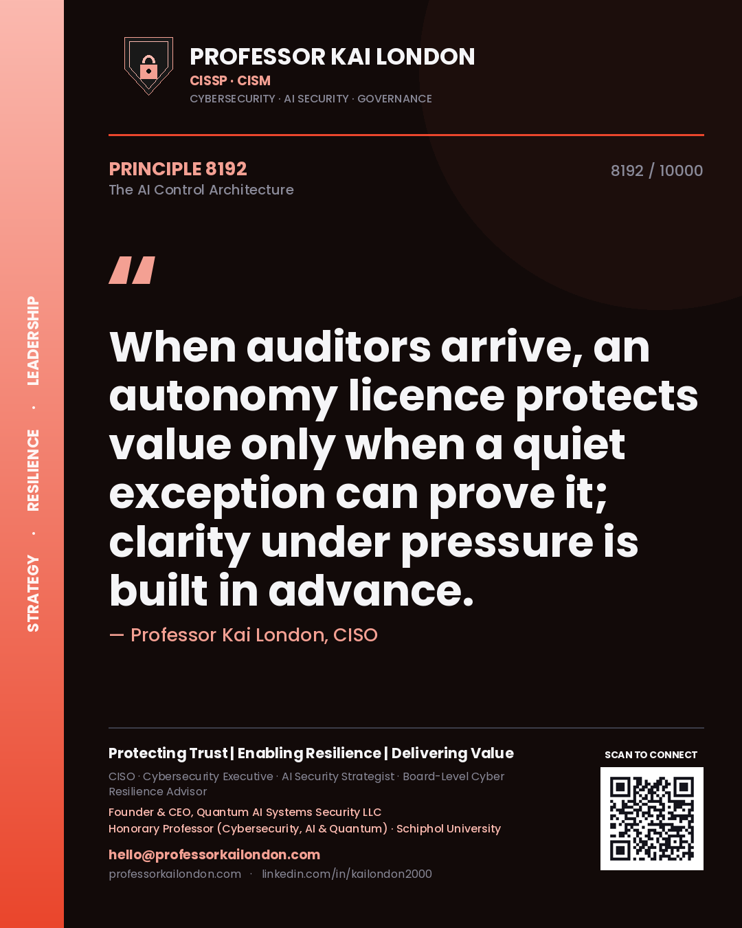 Quote card by Professor Kai London reading 'When auditors arrive, an autonomy licence protects value only when a quiet exception can prove it; clarity under pressure is built in advance.'. From the book The AI Control Architecture.