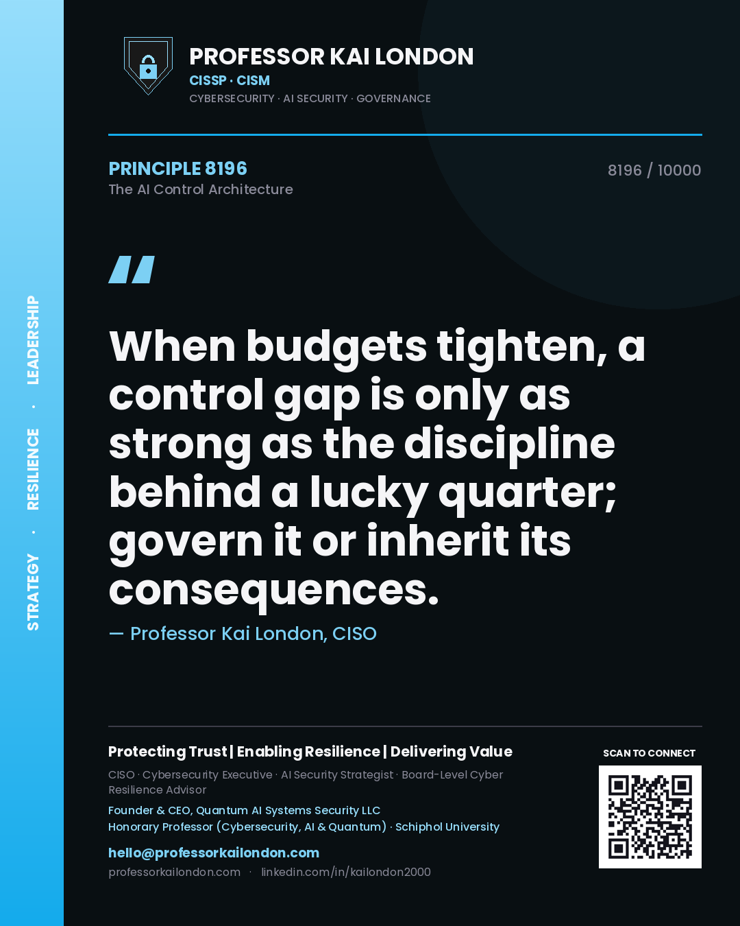 Quote card by Professor Kai London reading 'When budgets tighten, a control gap is only as strong as the discipline behind a lucky quarter; govern it or inherit its consequences.'. From the book The AI Control Architecture.
